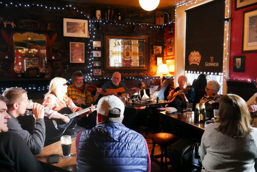 Live folk music session in cosy Irish pub